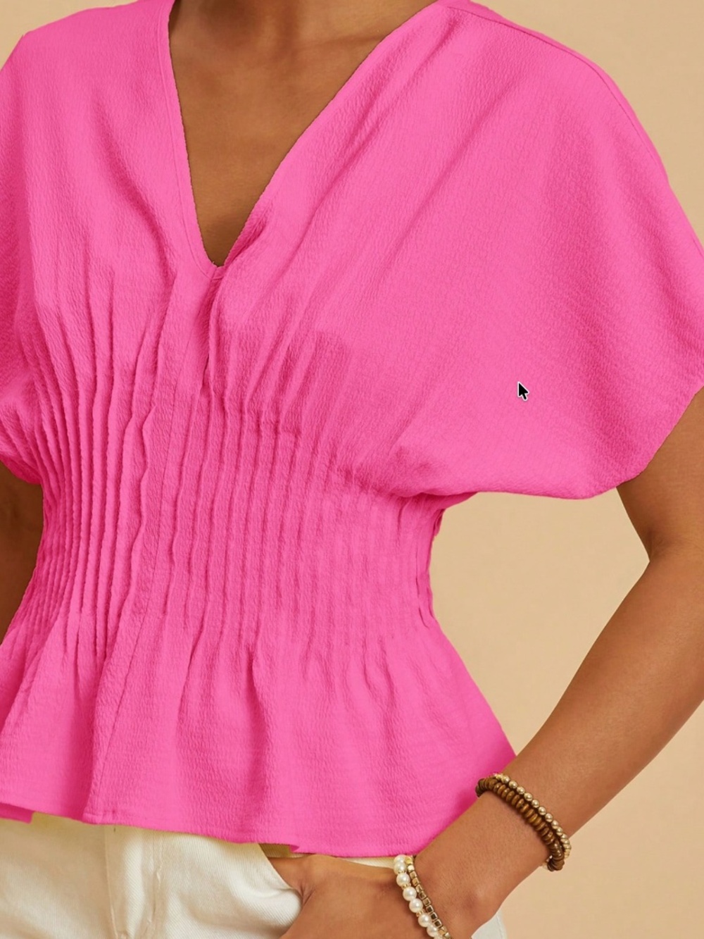 Solid V neck Pleated Batwing Sleeve Cotton Top - Picture 6 of 10